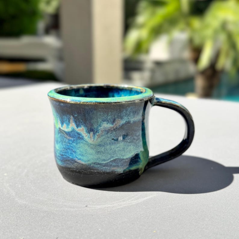 Handmade Ceramic Mug #3 | Glossy Ocean-Inspired Glaze | Matte Black Base | 12 oz Wheel-Thrown Pottery Cup
