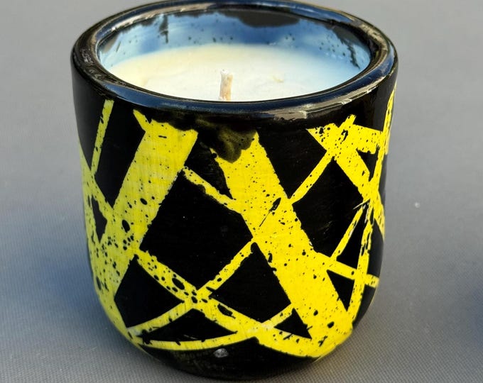 Featured listing image: Rock-Inspired Soy Candle | Reusable Black & Yellow Ceramic Stoneware Holder