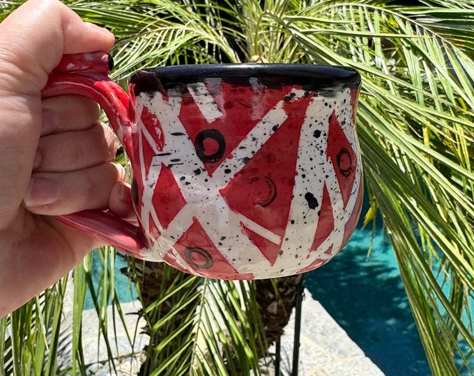 Featured listing image: Handmade Ceramic Mug | EVH Guitar Inspired Red/White/Black | 8 oz Wheel-Thrown Stoneware Cup | Speckled Blue  Interior #2