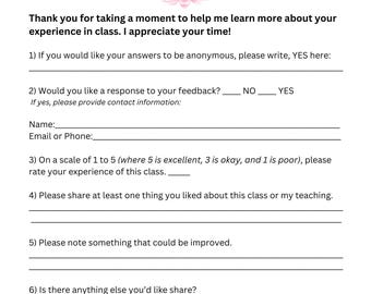 May include: A white student feedback form for a yoga class. The form includes questions about the class experience, with space for anonymous feedback. The form has a lotus flower graphic and a yoga pose silhouette.