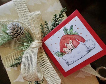 Etiquetas de regalo plegables hechas a mano con forma de ratón y gorro de Papá Noel (juego de 10)