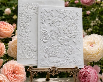 Tarjetas de felicitación florales en relieve - Juego de papelería de peonías de 12,7 x 17,8 cm (5" x 7") - En blanco o personalizadas - Acabado perlado o mate