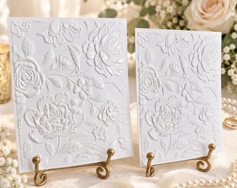 Tarjetas de felicitación con peonías en relieve / Elegantes tarjetas de felicitación florales / Acabado nacarado o mate (Juego de 8)