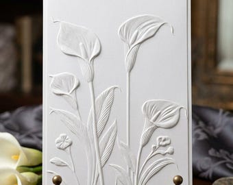 Tarjetas de felicitación con relieve de lirios cala / Tarjetas de felicitación florales con inserto de papel pergamino / Perlado o mate (Juego de 8)