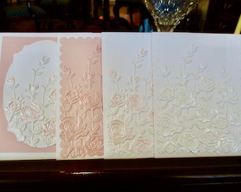 Tarjetas de felicitación con diseño de jardín de rosas en relieve: acabado perlado o mate, en caja, juego de 8...(Grupo n.° 21)