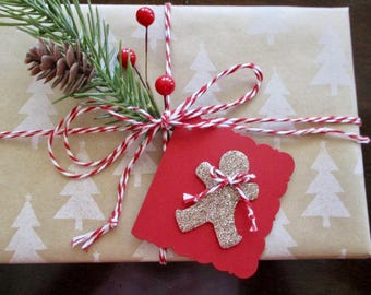 Etiquetas de regalo navideñas con forma de hombre de jengibre con purpurina 3D, juego de envoltorio navideño hecho a mano