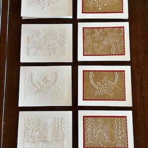 Set/8 "Elegant Impressions" Embossed Winter Greeting Cards: White or Kraft Pearlized Notecards, Boxed, w/Envelopes+Seals.....(Group#7)