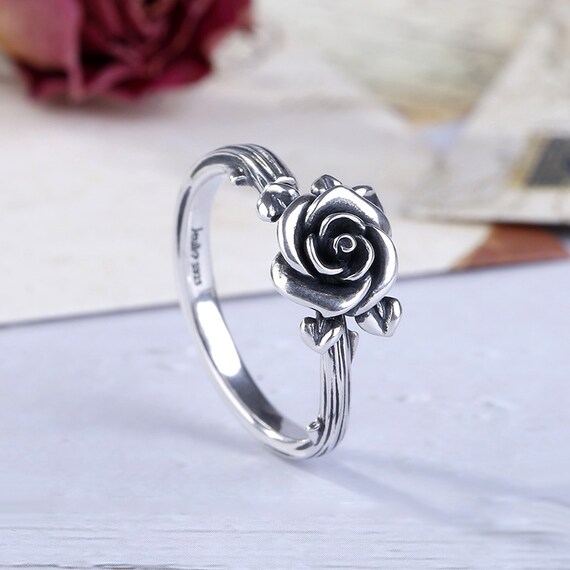 Ring With Rose Rose Ring Silver Rose Ring Adjustable Ring