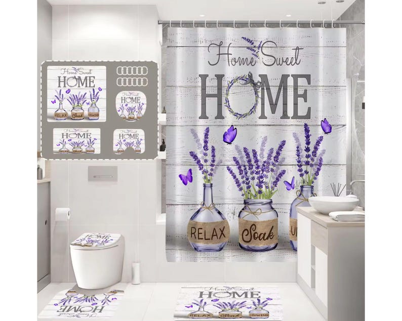 Purple home - Home Sweet Home purple flowers bathroom set includes 100% polyester curtain, 12 piece of plastic hooks, bath rug, U rug and toilet seat cover.