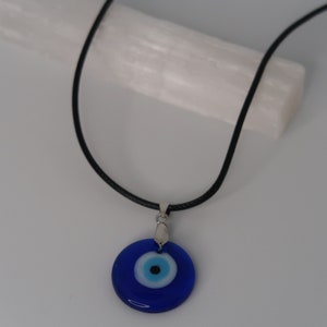Evil Eye Necklace|Glass, Blue Turkish Evil Eye Pendant|Leather Rope