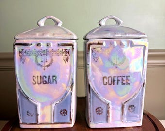 Antique White Block JLB  S Germany Lusterware Coffee & Sugar Canisters Art Deco