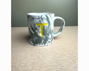 Anthropologie Marbled Monogram Mug – Letter T – Green & White Swirl Ceramic Coffee Cup