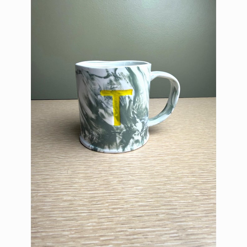 Anthropologie Marbled Monogram Mug – Letter T – Green & White Swirl Ceramic Coffee Cup image 1