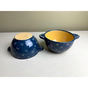 Vintage Bürgel German Pottery Handled Bowls Cobalt Blue Yellow Set of 2