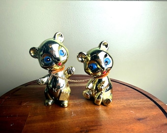 Vintage Japanese Gold Teddy Bear Figurines – Leashed Pair – Mid Century Kitsch