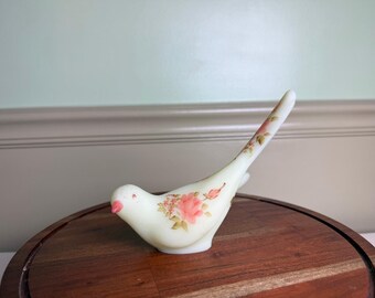 Signed Fenton Satin Custard Glass Bird Figurine Hand Painted Pink Roses