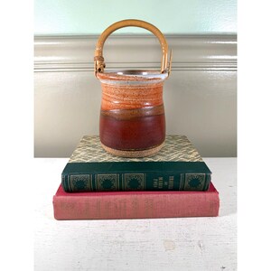Vintage Studio Pottery Basket Vase, Rustic Stoneware Pot with Bentwood Handle, Earth Tone Handmade Ceramic Decor