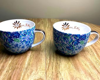 Lilly Pulitzer "Soleil On Me" Mugs - Blue Floral, Gold Handle - Set of 2