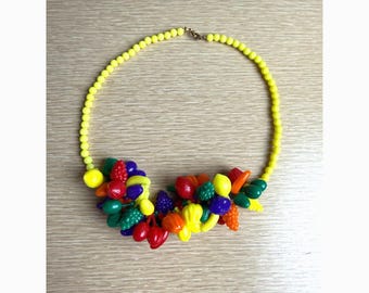 Vintage 1960s Fruit Charm Necklace – 16" Retro Kitsch Statement Necklace