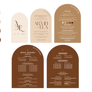 Puede incluir: Un conjunto de papelería de boda de estilo minimalista. El diseño presenta formas arqueadas en tonos beige y marrón. La papelería incluye tarjetas de guardar la fecha, invitaciones y un orden de eventos. El texto incluye los nombres de la pareja y la fecha de la boda.