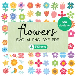 Può includere: Una collezione di 100 disegni di fiori colorati in varie forme e stili. I disegni sono disponibili nei formati SVG, AI, PNG, DXF e PDF. Il testo "flowers" è scritto in un font a mano libera. Il testo "100 designs" è scritto in un cerchio con uno sfondo verde.