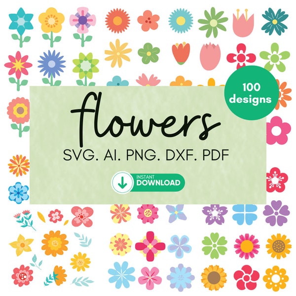Flower SVG Bundle 100 pcs,  flower icon svg, Flat flowers clipart vector svg png dxf AI pdf silhouette cricut vinyl