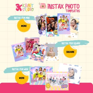 Könnte beinhalten: Eine Sammlung von bunten Instax-Fotovorlagen mit verschiedenen K-Pop-Gruppen, darunter BINI, Cherry On Top und Enhypen. Die Vorlagen sind für die Verwendung mit Instax Mini, Square und Wide Film konzipiert.