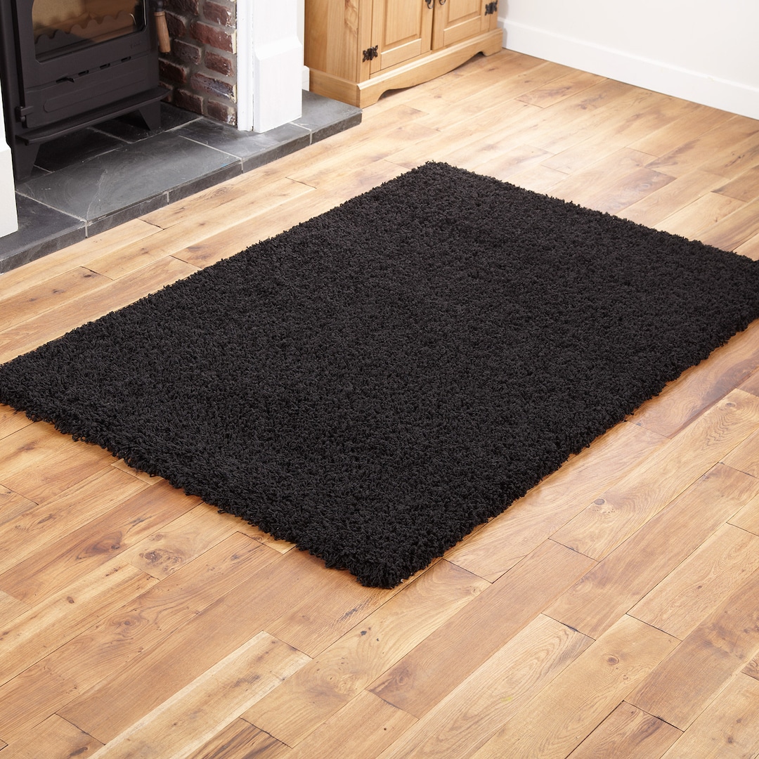 Modern Black Shaggy Rug Small to Large 5 Cm Thick Pile Rugs Living Room ...