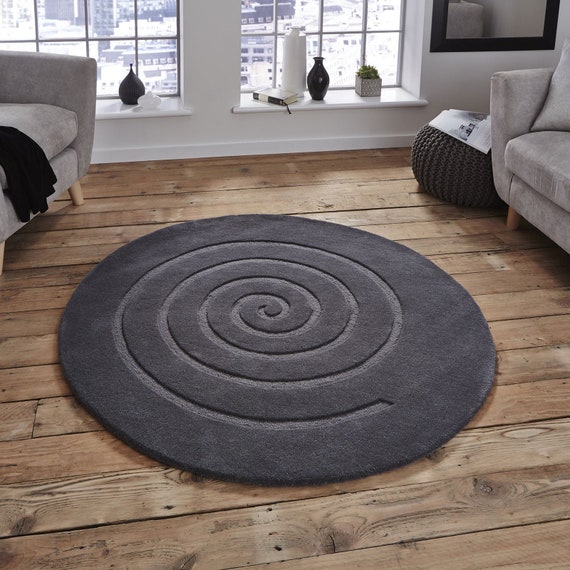 Spiral Circular Round Wool Rugs in Grey