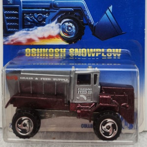 Hot Wheels Vintage Oshkosh Snowplow #201, Fresno Feed Co, variante rara, marrone e argento, senza spazzaneve, nuovo su cartoncino. NRFB