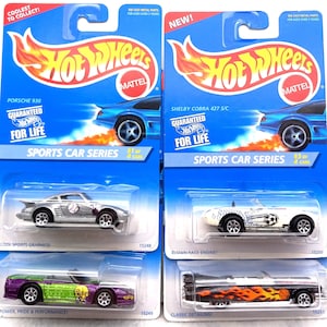 Hot Wheels 1996 Sports Car Series, Porsche 930, Custom Corvette, Shelby Cobra 427 S/C, '59 Caddy, 4 wagenset 1, compleet, ongebruikt, NRFB