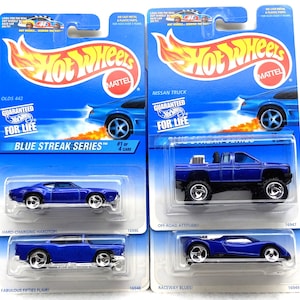 Vintage Hot Wheels 1997 Blue Streak Series, 55 Chevy, Olds 442, issan Truck (schwer zu finden), Speed Blaster, Set 1 Komplett alle Mint auf Karten