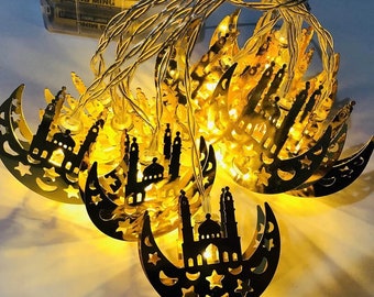 Ramadan Eid Metal Mosque & Crescent String LED lights|Metal Moon Shape String Lights|Plastic Mosque String Led Lights|20 Led Lights 10ft