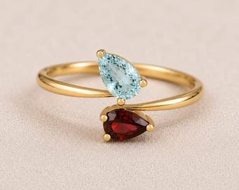 Toi et Moi Aquamarine Garnet Ring, Pear Cut Birthstone Ring, Minimalist Open Wrap Gold jewelry, Promise Ring for Women
