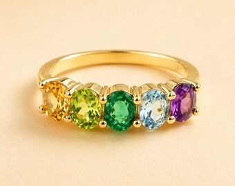 14k massief gouden veelkleurige edelsteenring met citrien, peridot, smaragd, aquamarijn en amethist – statementband