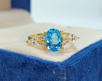 14k Solid Gold Genuine Swiss Blue Topaz Ring , Oval shape Ring, Blue Topaz Ring Vintage Ring, unique ring, December Birthstone,Topaz Jewelry