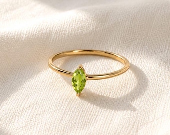 Dainty Peridot Marquise Ring, Minimalist 14k Solid Gold Ring, August Birthstone Ring, Thin Stacking Ring, Green Gemstone Ring for Women