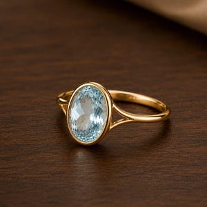 Anillo vintage de oro con engaste de aguamarina / Anillo ovalado con vástago dividido y gema natural, piedra natal de marzo, regalo de cumpleaños