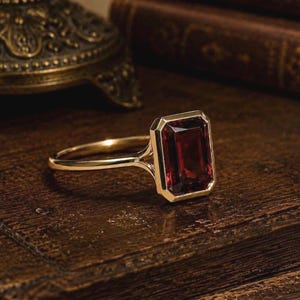 Natural Red Garnet Emerald Cut Ring | Gold Bezel Setting, January Birthstone, jewelry For her