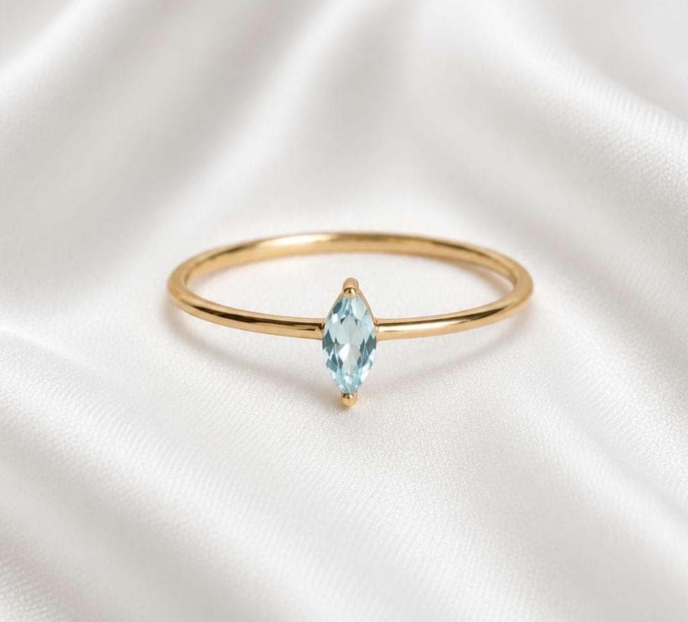 14k Solid Gold Marquise Aquamarine Ring, Dainty Stacking Promise Band,…