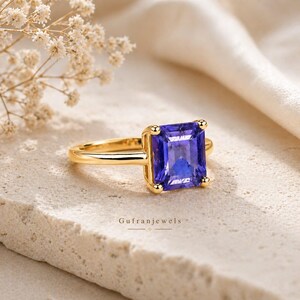 Iolite Asscher Cut Ring for her, Gold Plated 925 Sterling Silver, handcrafted jewelry