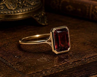 Natural Red Garnet Emerald Cut Ring | Gold Bezel Setting, January Birthstone, jewelry For her