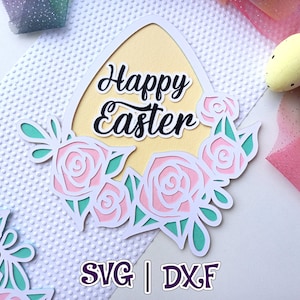 Oeuf floral Joyeuses Pâques | Décoration de Pâques | SVG et studio | Fleurs en couches | 3D | Décoration d'intérieur | Suspension murale | Accroche-porte | Fichier numérique