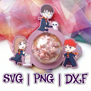 May include: A pink and purple glitter background with a round, pink, candy dispenser featuring three cartoon characters from the Harry Potter series. The characters are Harry Potter, Hermione Granger, and Ron Weasley. The dispenser is filled with pink candy. The text "SVG | PNG | DXF" is at the bottom of the image.