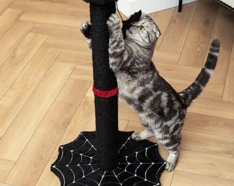 Gothic Cat Scratching Post 28 inch with Sturdy Spider Web Floor Foundation and Spider web Shaped Top with Bat Toy, Black Color