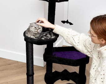 Gothic Cat Tree with Coffin Cat Bed, Hammock, Spider & Bat Goth Cat Toys - 35 Inch Tall Coffin Cat Tree for Gothic Cat Lovers PURPLE/BLACK