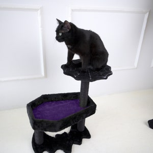 Gothic Cat Tree with Coffin Cat Bed & Spooky Cat Toys - Spooky cat Tree for Halloween cat (Black and Purple)