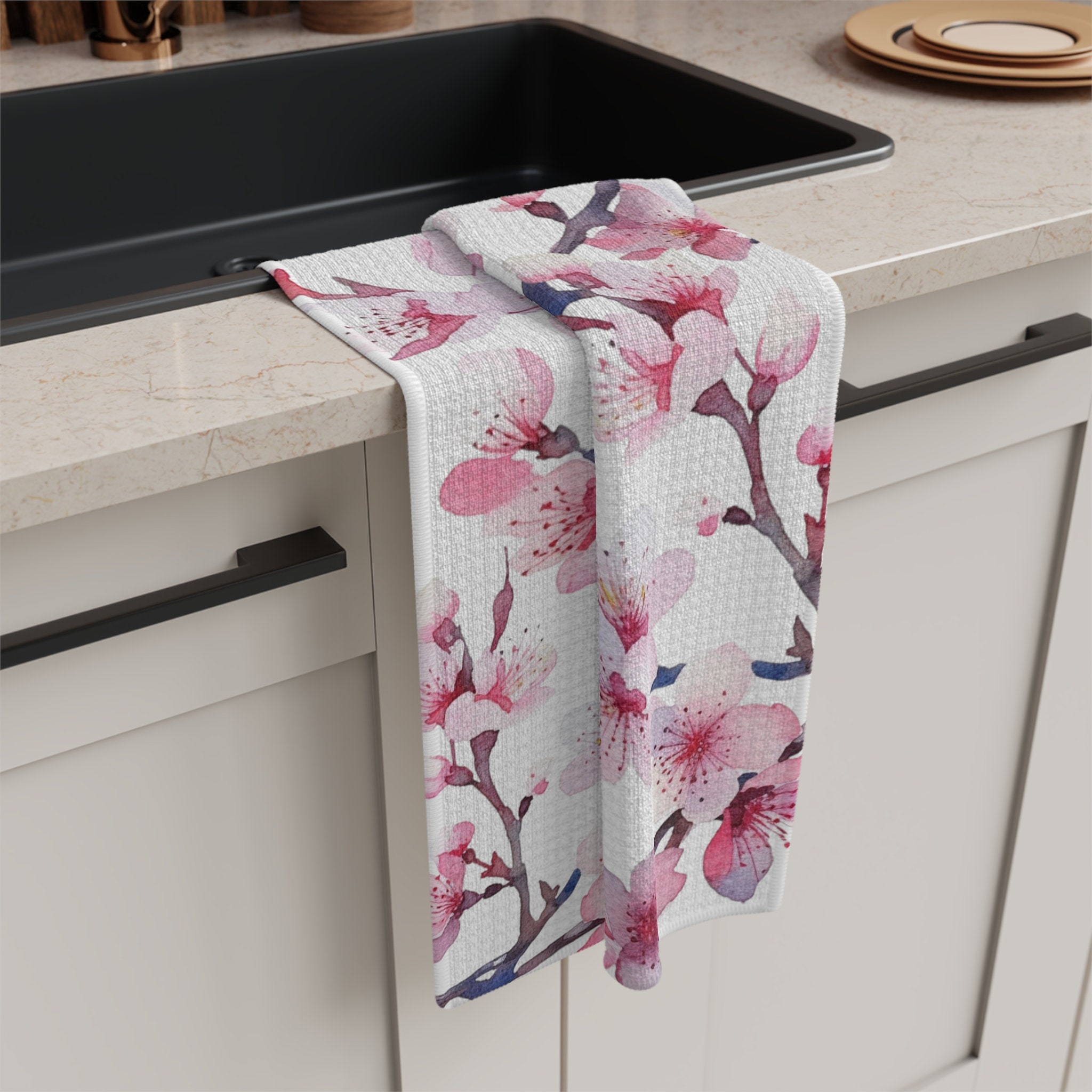 Pretty Pink Cherry Blossom Towel, Flower Kitchen Decor, Soft Floral Tea Towel, Kitchen Dishcloth ...