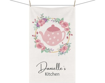 Pink Tea Towel, Custom Cursive,Name Kitchen Towel, Cotton Dish Towel, Cottagecore, Farmhouse Decor, Home Decor,Floral Kitchen Towel Set,K1-5