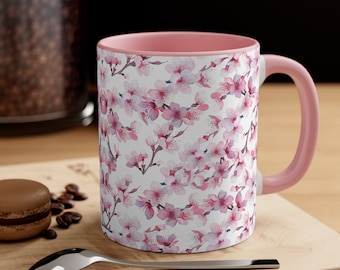 Beautiful Baby Pink Floral Ceramic Coffee Mug 11oz, Cherry Blossom Flower Tea Mug, Cute Gift for Her, Mom Gift, Beautiful Birthday Gift, vL